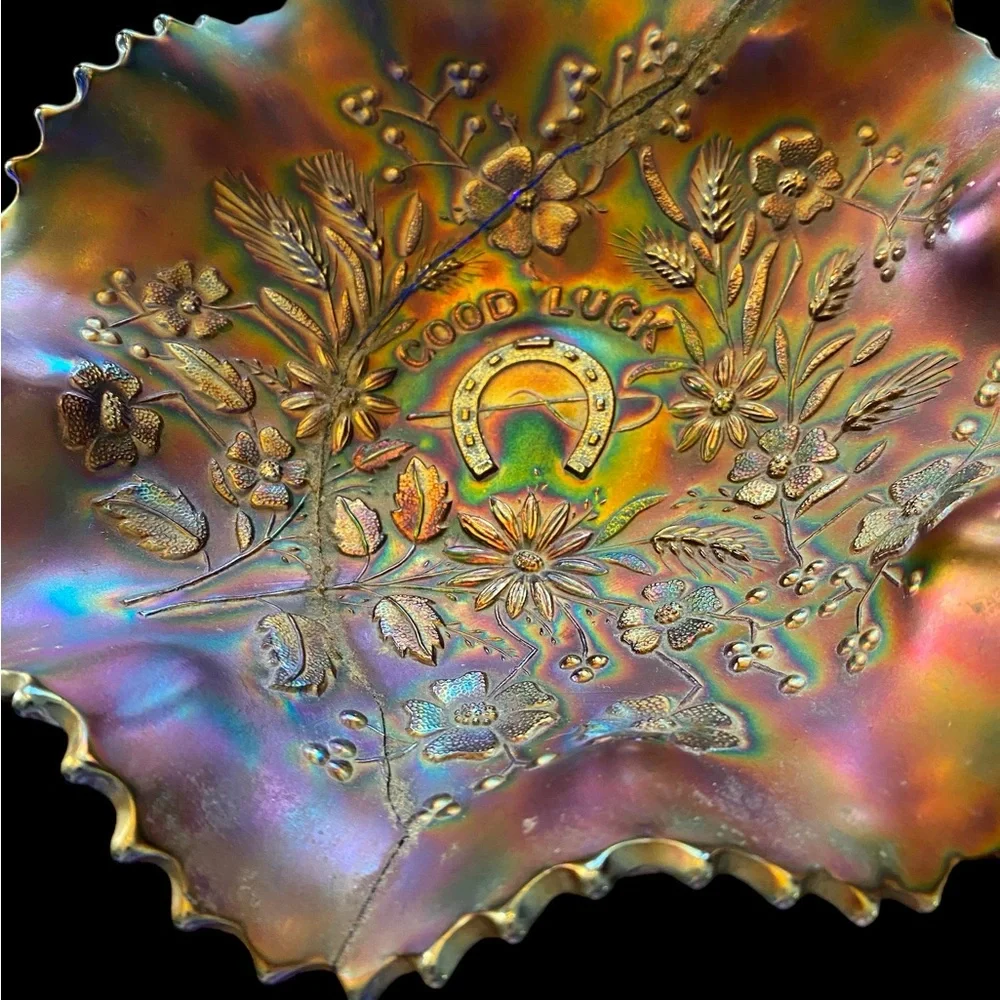 Antique Northwood Good Luck Electric Blue Carnival glass bowl 8 7/8” across x - Picture 6 of 7